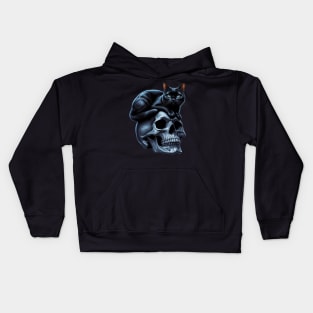 black cat sitting on top of skull Kids Hoodie